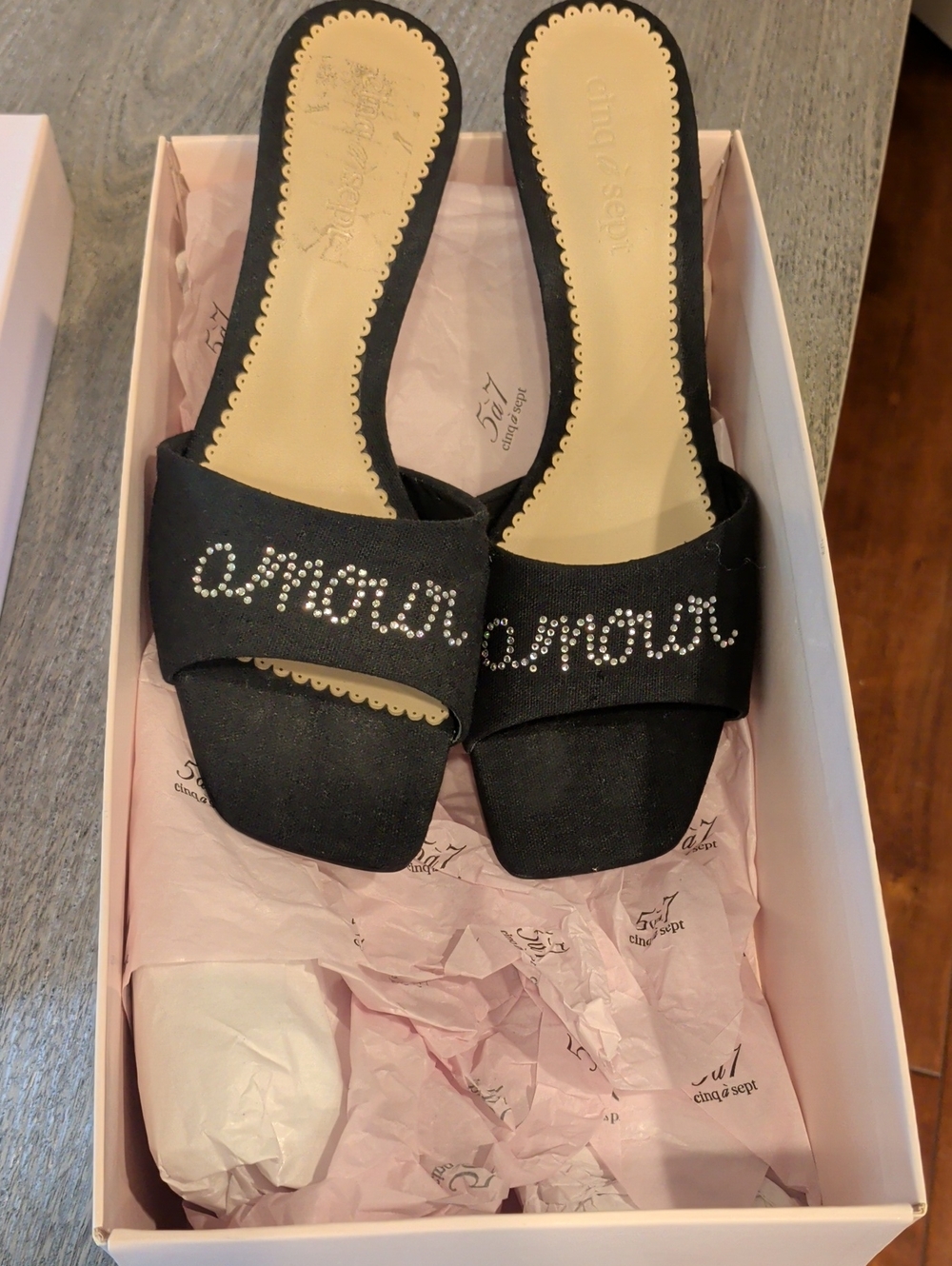 cinq a sept Black Slide Mules with Crystal 'Amour' Detail
